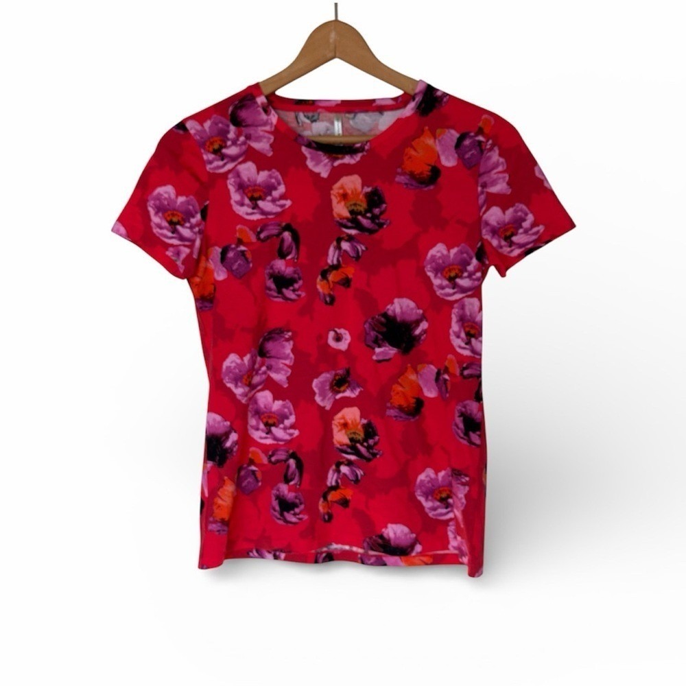 Banana Republic Top Womens M Signature Crew Red Floral Short Sleeve EUC